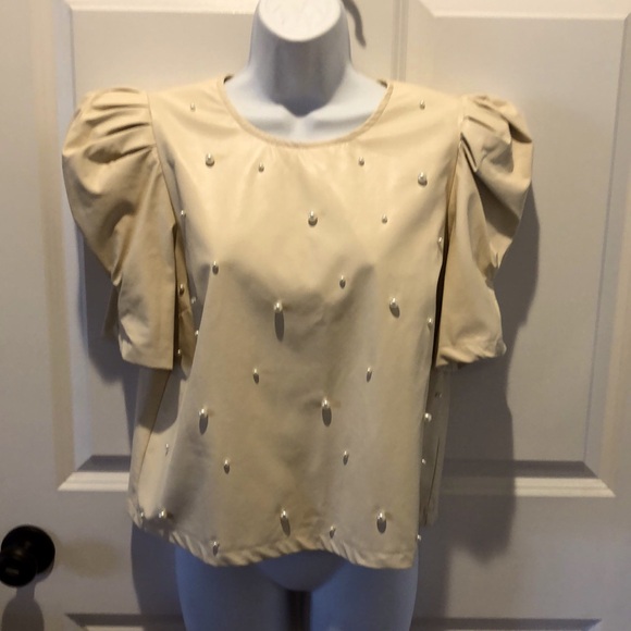 Peach Love California Tops - Leather look puff sleeves size Medium top. Y’all this too cute.